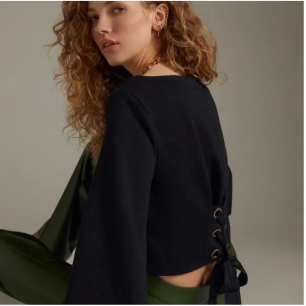 Maeve Anthropologie Tie Back Ponte Pullover Sweatshirt Top in Black Medium - Picture 2 of 11